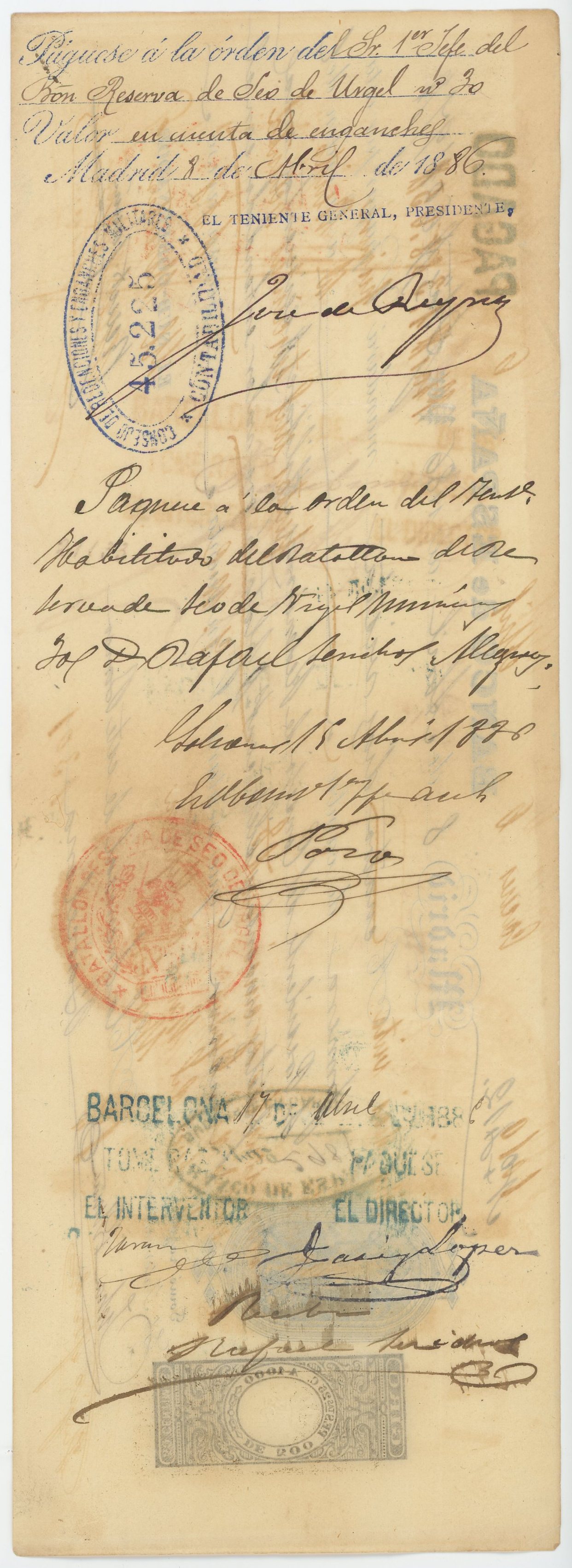 664 - Spain Banco de Espana Letra de Cambio de 601.97 pesetas Madrid 1886
