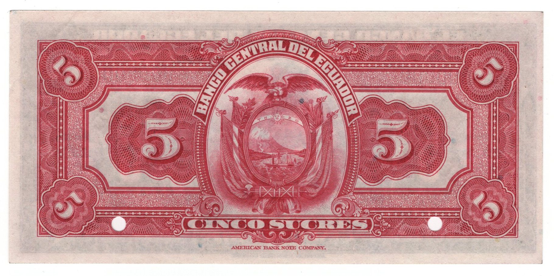 1164 - Ecuador 5 Sucres 1928 - 1937 (ND) Specimen