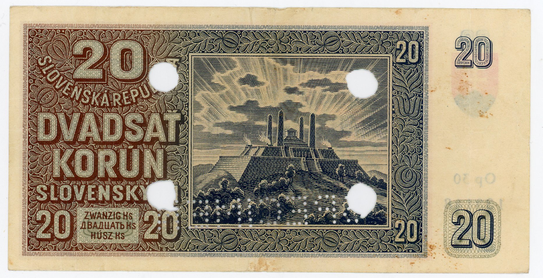 1690 - Slovakia 20 Korun 1939 Specimen Cancelled