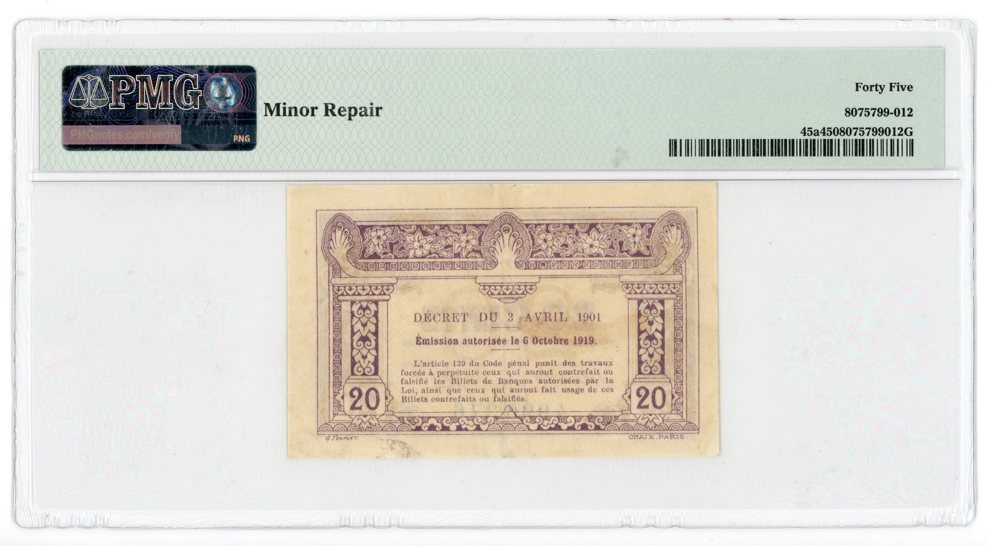 29 - French Indochina 20 Cents 1919 (1920-1923) (ND) PMG 45