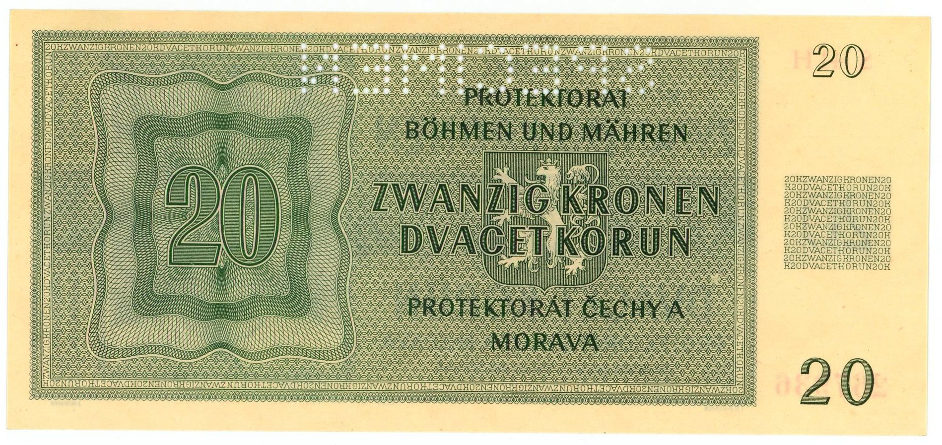 27 - Bohemia & Moravia 20 Korun 1944 Specimen