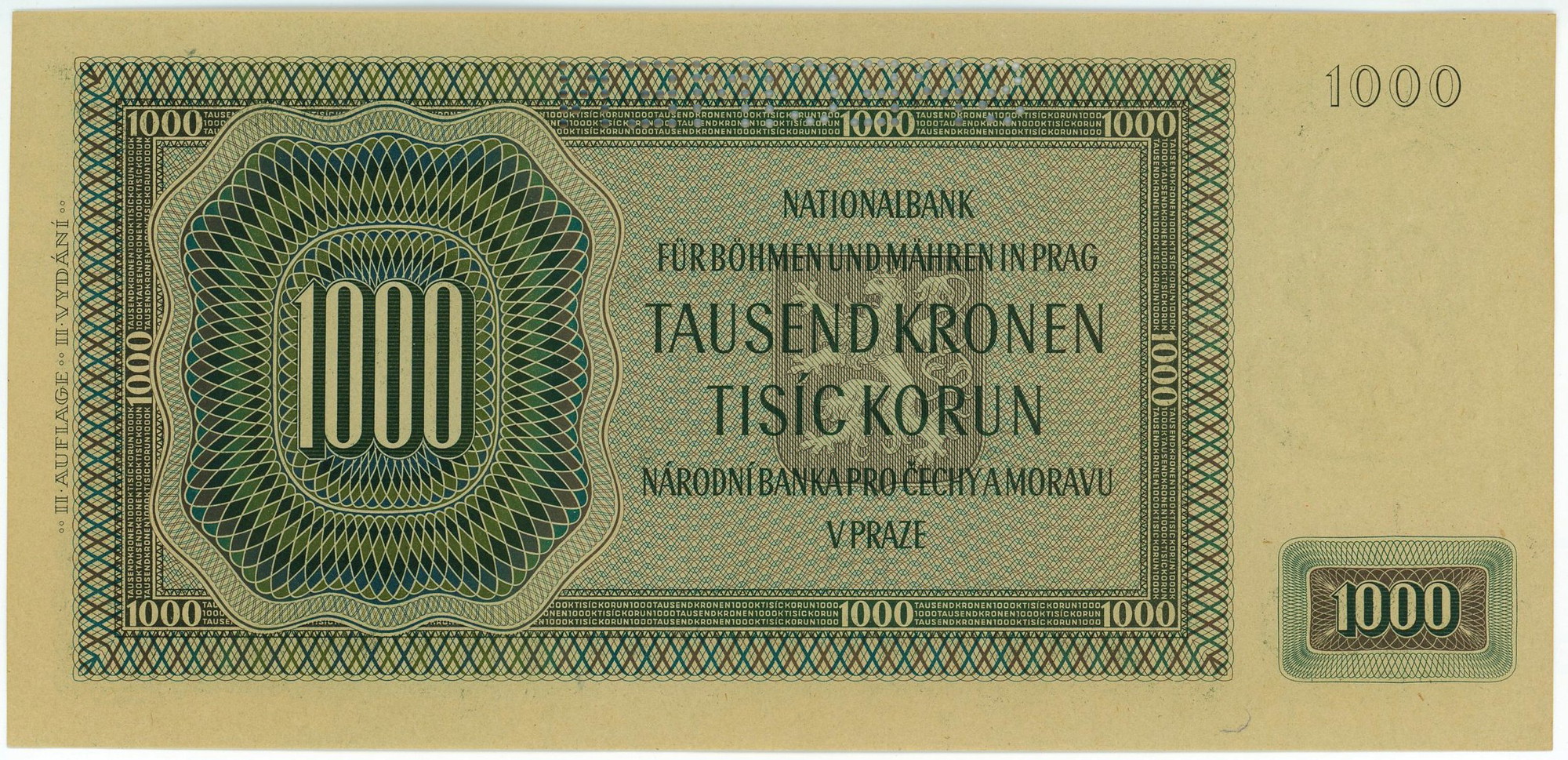 37 - Bohemia & Moravia 1000 Korun 1942 Specimen