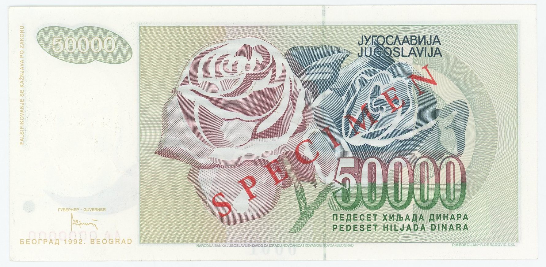 688 - Yugoslavia 50000 Dinara 1992 Specimen