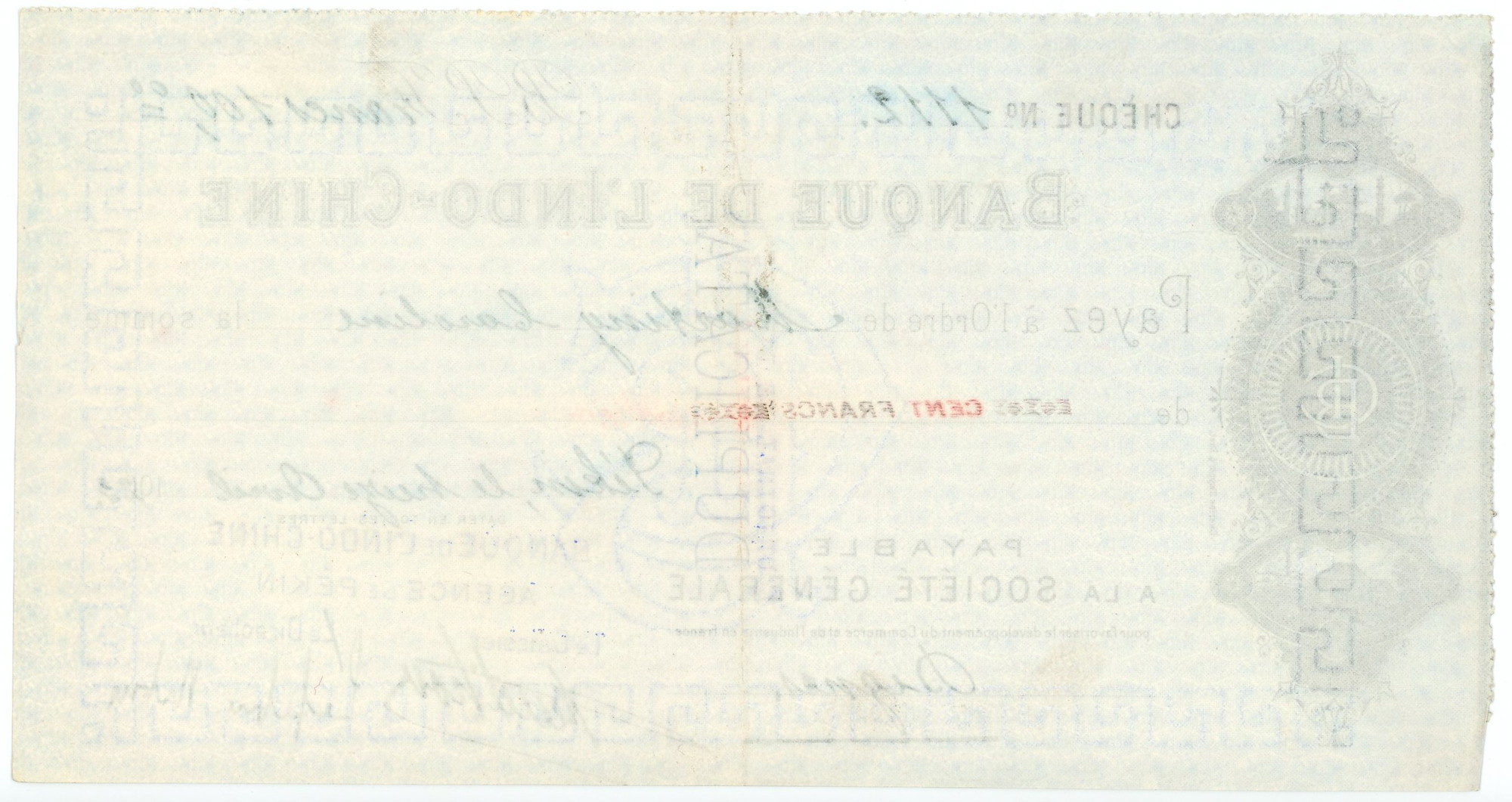 947 - French Indochina Banque de l'Indo-Chine Cheque for 100 Francs Beijing (Peking) Agency 1922