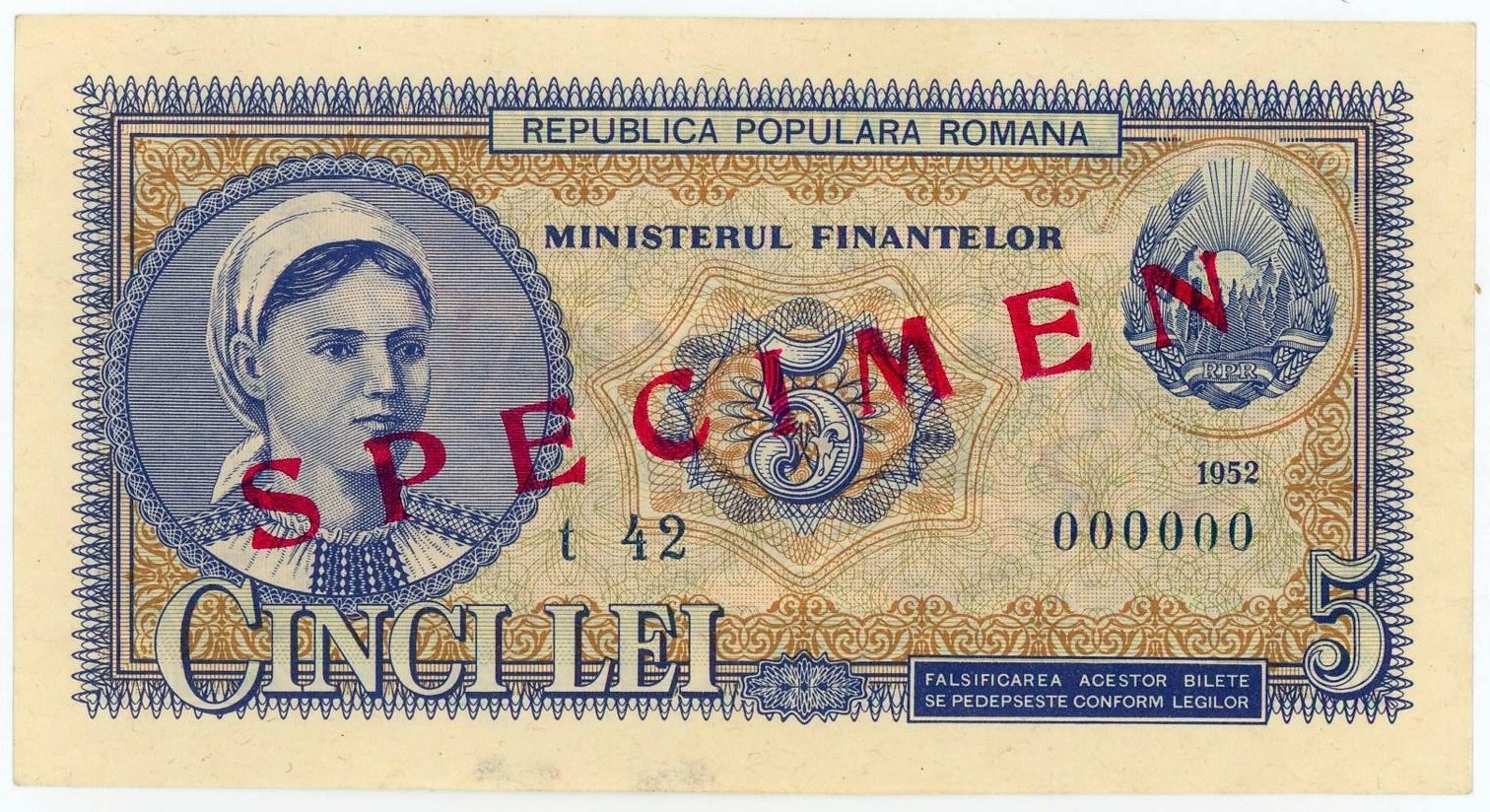 Romania 5 Lei 1952 Specimen