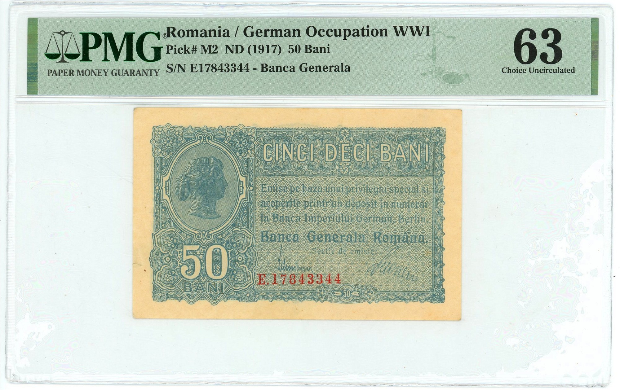 Romania 50 Bani 1937 (1917) (ND) PMG 63 EPQ Choice UNC | Katz Auction