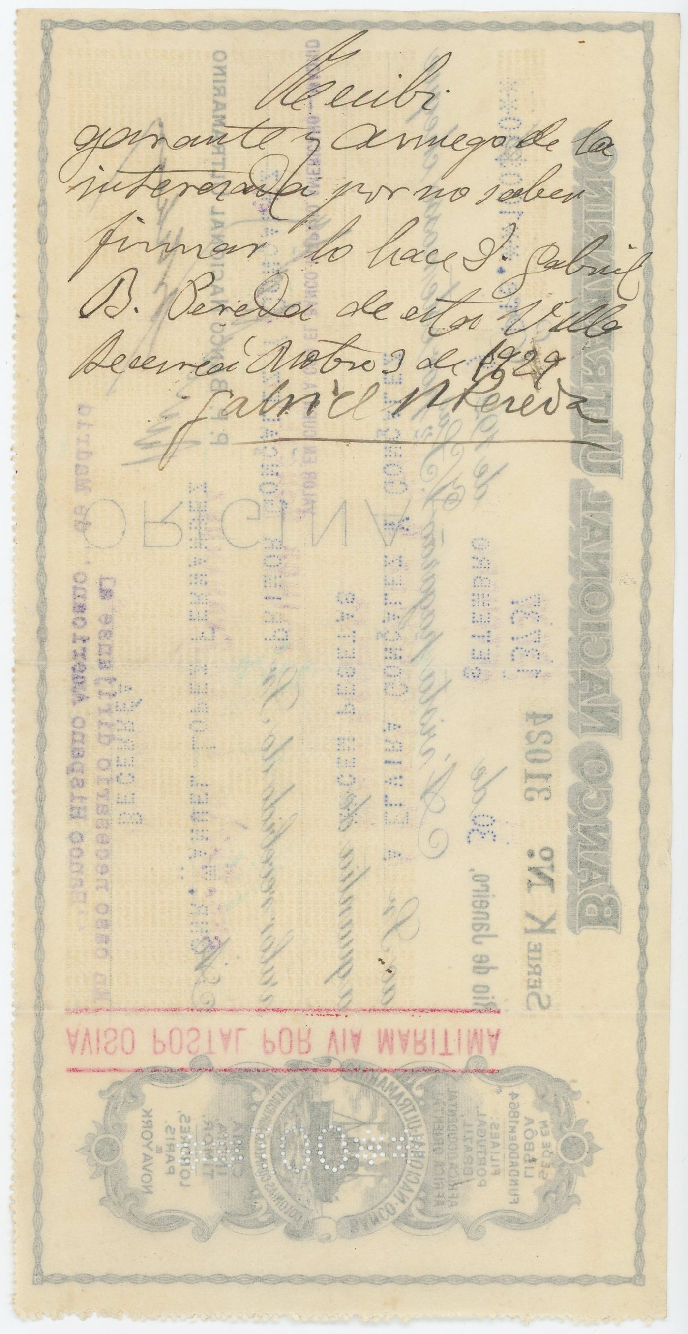 2021 - Brazil Banco Nacional Ultramarino Rio de Janeiro Cheque for 100 Pesetas 1929
