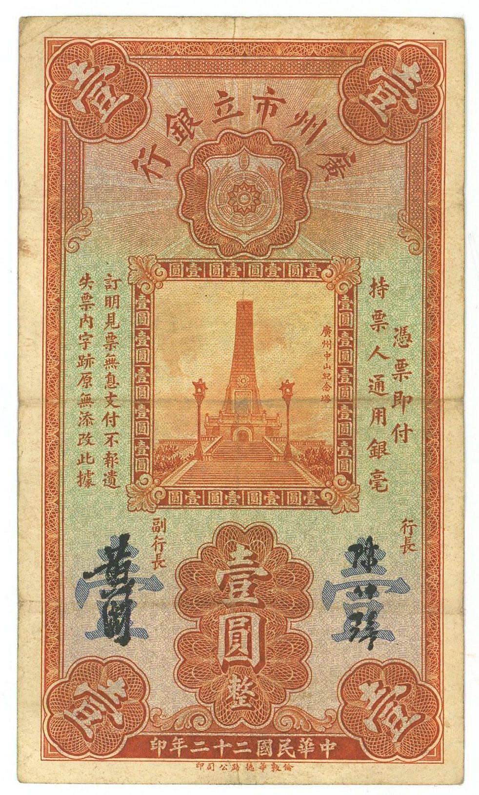 2996 - China The Canton Municipal Bank 1 Dollar 1933